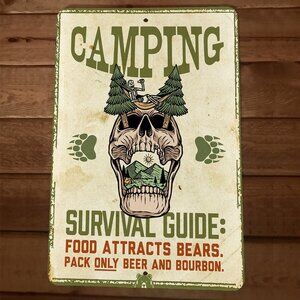 Camping‎ Survival Guide Pack Only Beer and Bourbon 8x12 Metal Wall Sign